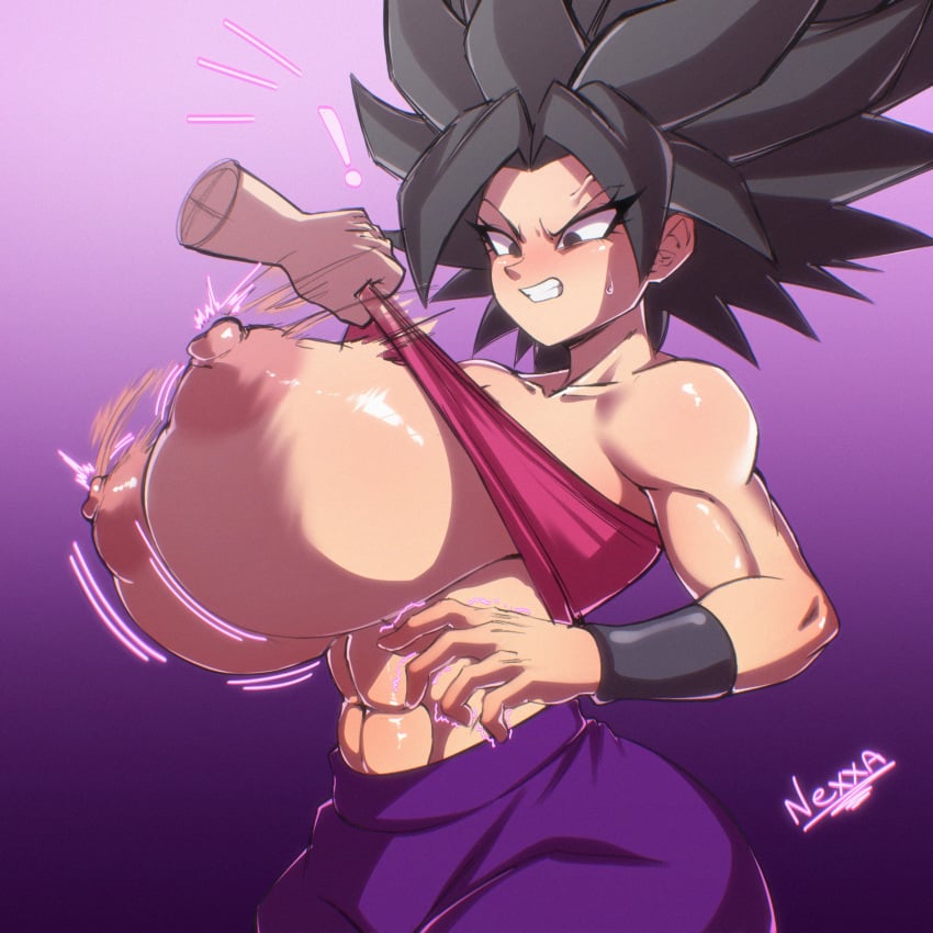 abs angry baggy_pants bandeau bandeau_lift bandeau_pull big_breasts bracers breasts_bigger_than_head caulifla clothes_lift coffeenexxa disembodied_hand dragon_ball dragon_ball_super dragon_ball_z from_side huge_areolae huge_breasts huge_nipples large_breasts lifted_top lifting_clothing lifting_top mad motion_blur motion_lines nexxa pants pink_nipples pink_tube_top purple_pants sideview thick_thighs tomboy toned tube_top tubetop wide_hips