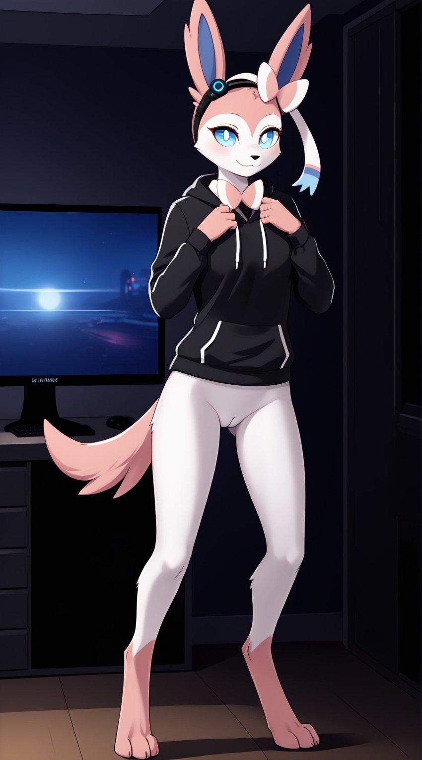 1girls 2024 ai_generated anthro blue_eyes blushing bottomless bottomless_female digitigrade eeveelution female female_only gamer_girl generation_6_pokemon hi_res hood_down hoodie indoors innie_pussy looking_at_viewer nintendo pink_body pokemon pokemon_(species) pussy smile sylveon white_fur