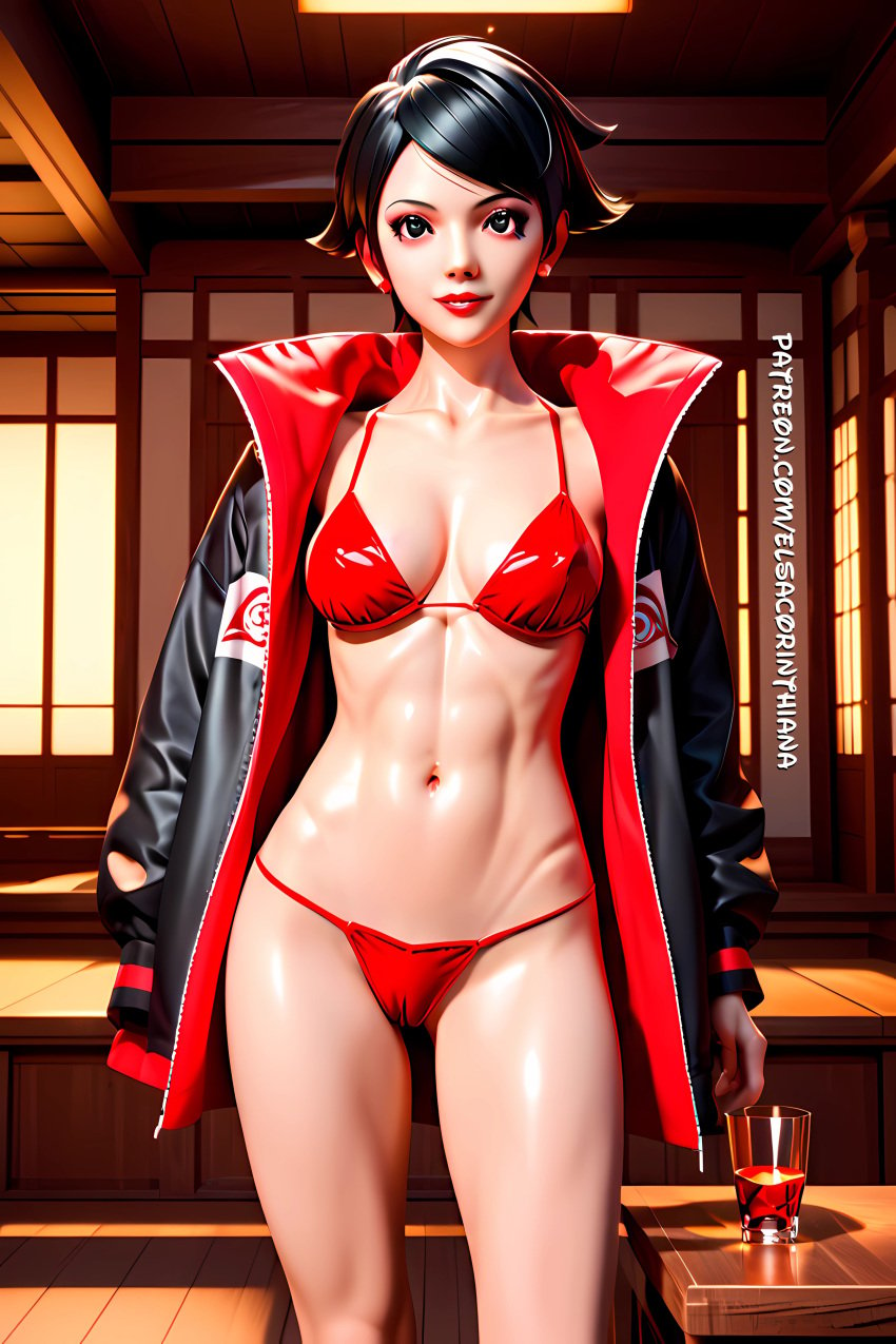 1girls 1woman 3d ai ai_art ai_generated bikini black_eyes black_hair black_jacket breasts cartoon_network elsacorinthiana female female_only jacket japanese_temple leather_jacket medium_breasts naruto naruto_(series) navel night nipples patreon patreon_link patreon_url posing posing_for_the_viewer pussy realistic red_bikini sarada_uchiha semi-naked semi-nude semi-nudity semi_naked semi_nude showing_breasts showing_pussy skinny standing swimwear temple thin_body white_skin