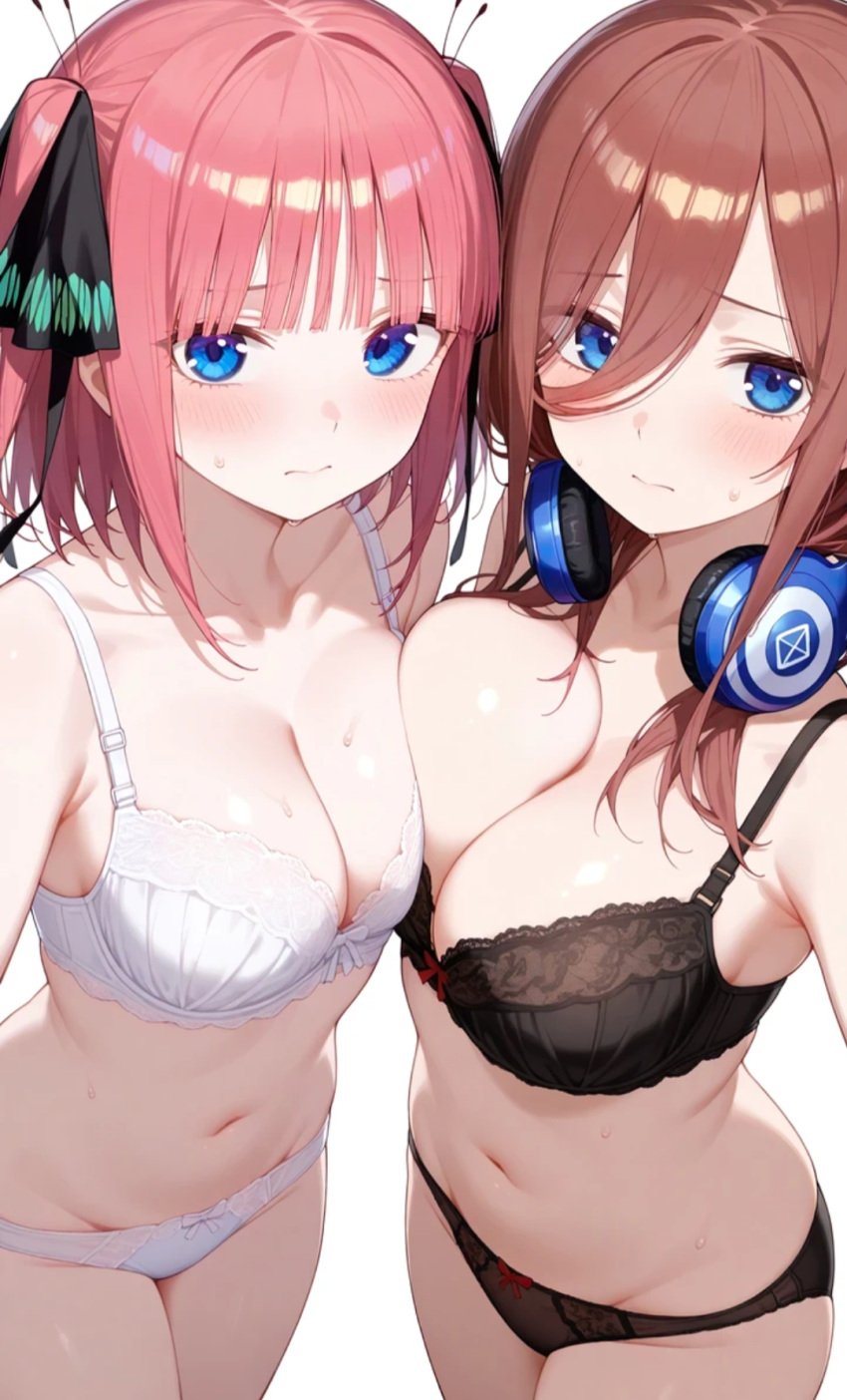 ai_generated blue_eyes blush breast_press go-toubun_no_hanayome large_breasts lingerie midriff nakano_miku nakano_nino red_hair sisters