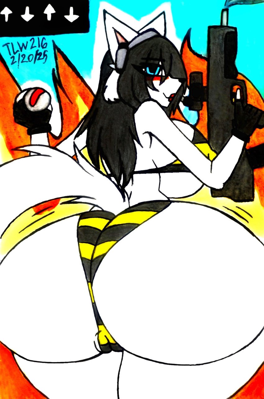 anthro ass big_breasts big_butt black_hair blush breasts canid canine clothed clothing crossover electronics felid feline female fire freckles gun hair headphones helldivers helldivers_2 hi_res huge_breasts huge_butt hybrid lipstick long_hair looking_at_viewer looking_back makeup mammal motion_lines nipples partially_clothed presenting presenting_hindquarters ranged_weapon rifle solo tem temmie_(undertale) theloanwanderer216 tlw216 traditional_media_(artwork) undertale undertale_(series) weapon