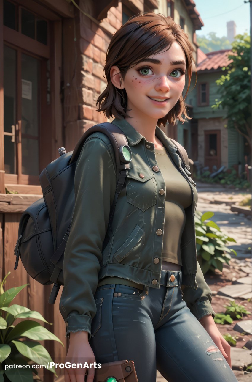 1girls ai_generated artist_name backpack bag breasts brown_hair building cellphone cowboy_shot day denim denim_jacket ellie_(the_last_of_us) ellie_williams freckles green_eyes hi_res holding jacket jeans lips long_sleeves looking_at_viewer naughty_dog nose open_clothes outdoors pants patreon_username phone progenarts realistic shirt short_hair small_breasts smartphone smile solo standing the_last_of_us the_last_of_us_2 torn_clothes torn_jeans torn_pants watermark web_address