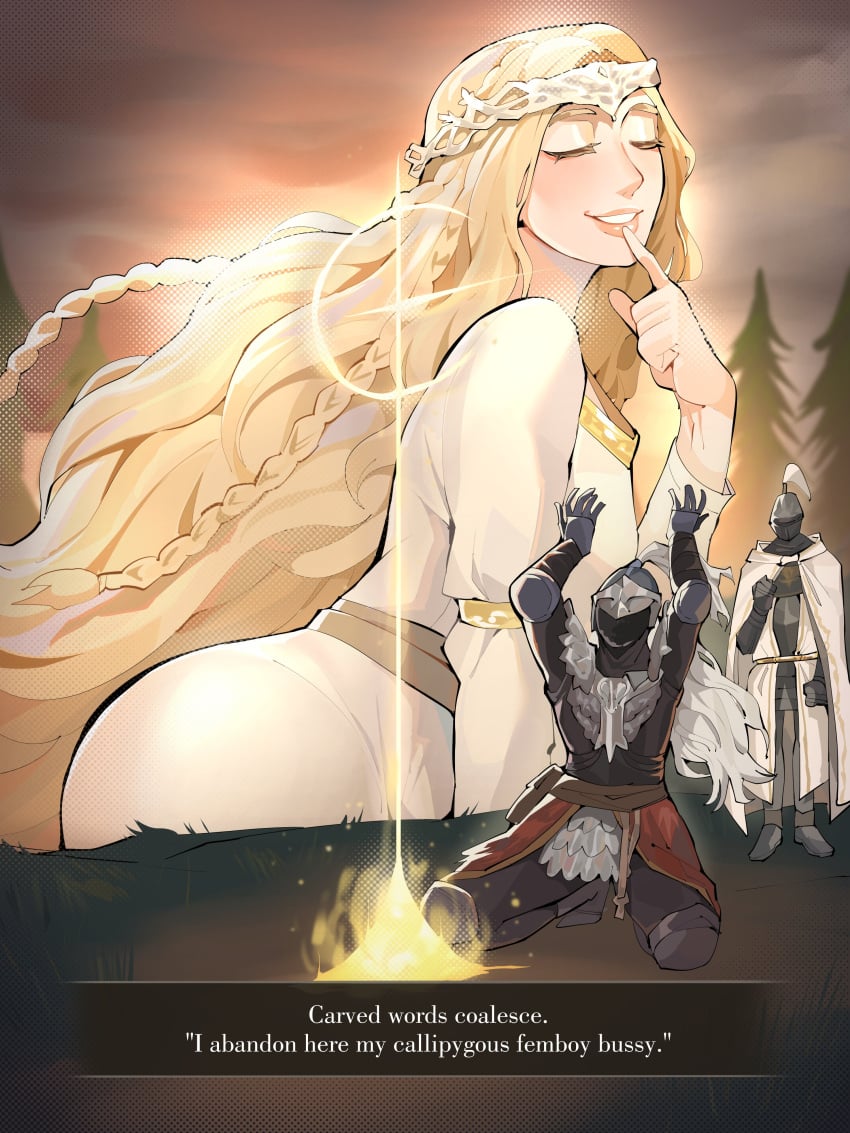 1boy 2boys absurdres big_ass blonde_hair bussy closed_eyes diforland elden_ring female femboy femboy_focus finger_to_mouth fromsoftware highres kneeling lips long_hair miquella miquella's_cross miquella_the_kind multiple_boys needle_knight_leda outdoors shadow_of_the_erdtree tarnished trap tunic very_long_hair white_tunic