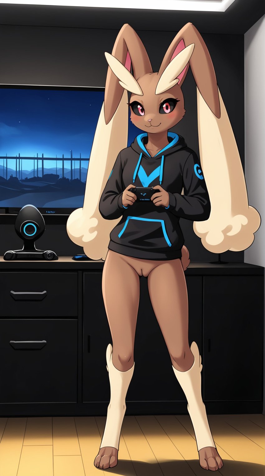 1girls 2024 ai_generated anthro black_sclera blushing blushing_at_viewer bottomless bottomless_female brown_fur digitigrade female female_only gamer_girl generation_4_pokemon hi_res holding_controller hood_down hoodie indoors innie_pussy looking_at_viewer lopunny nintendo pink_eyes pokemon pokemon_(species) pussy rabbit smile