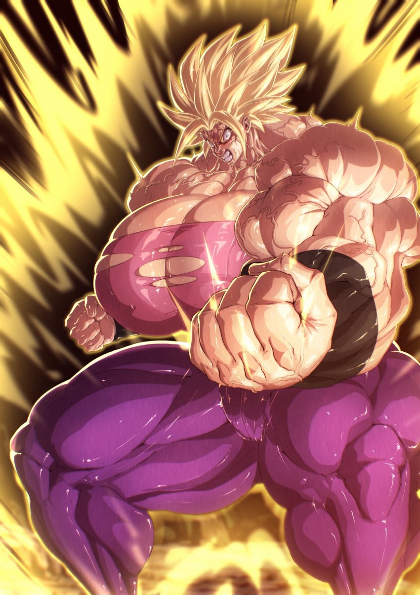 1girls angry_face bulging_veins caulifla dragon_ball_super hulking_out hyper_muscles large_female muscle_fetish nod9 super_saiyan_2 tight_pants ugly_face