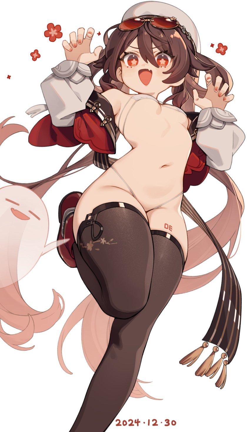 :d absurdres bikini boo_tao_(genshin_impact) breasts brown_hair brown_thighhighs claw_pose cute de_da_xianyu eyepatch_bikini eyewear_on_head female genshin_impact hat highres hu_tao_(cherries_snow-laden)_(genshin_impact) hu_tao_(genshin_impact) long_hair navel oerba_yun_fang red_nails simple_background skin_fang small_breasts smile solo standing standing_on_one_leg star-shaped_pupils star_(symbol) sunglasses swimsuit symbol-shaped_pupils thighhighs very_long_hair white_background white_bikini white_hat