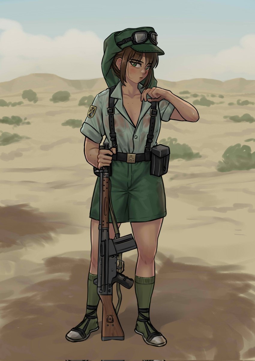 1girls brown_nipples desert female_soldier gun hat hispanic_female military military_uniform see-through_clothing shorts small_breasts socks spain