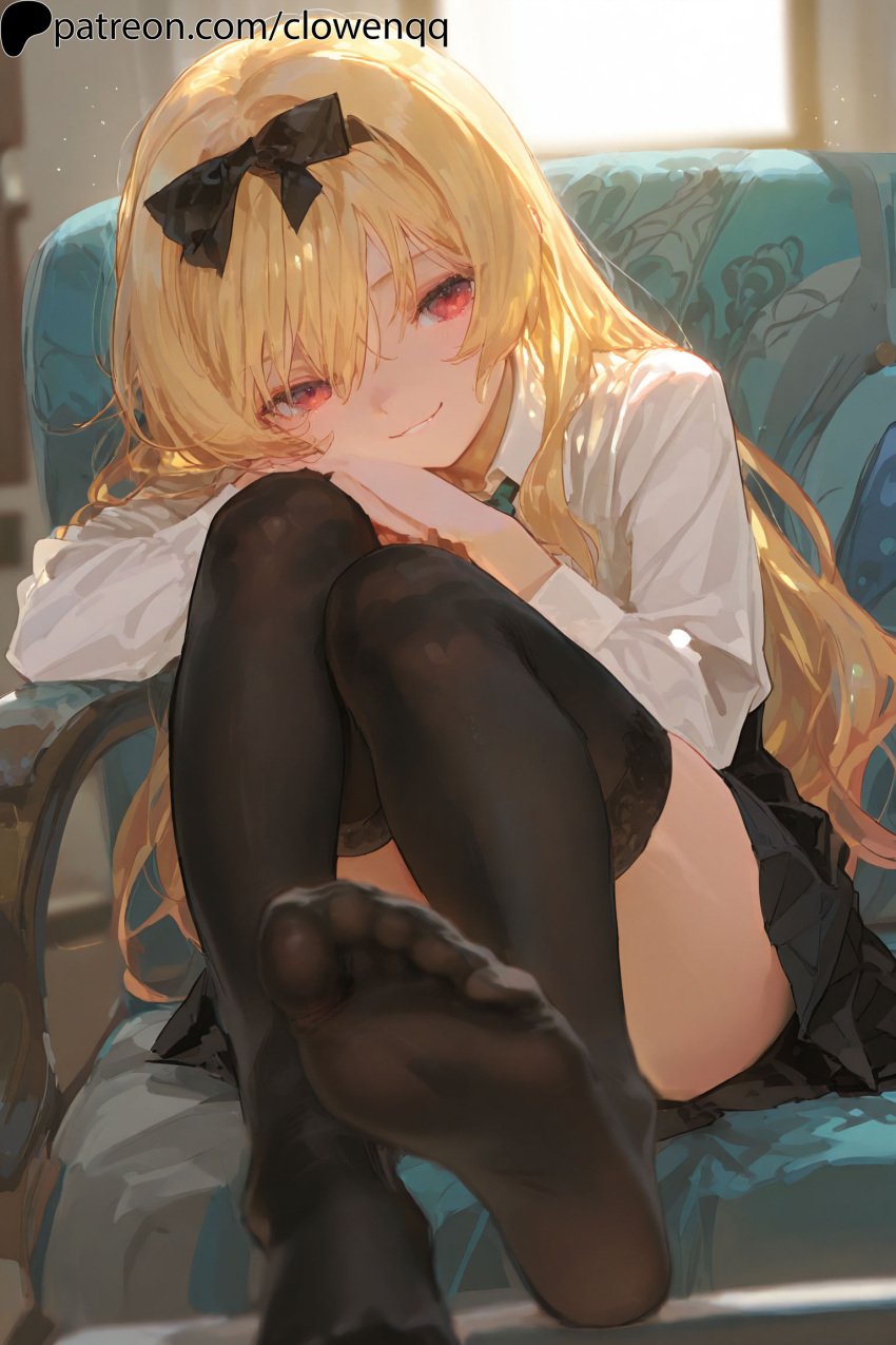 1girls ai_generated arifureta_shokugyou_de_sekai_saikyou blonde_hair clowenqq feet feet_focus female female_focus female_only foot_focus front_view hair_ribbon highres long_hair looking_at_viewer petite petite_body petite_female presenting_feet red_eyes ribbon shirt sitting skirt smile sole_female soles solo solo_female solo_focus thighhighs thighs toes young younger_female yue_(arifureta)