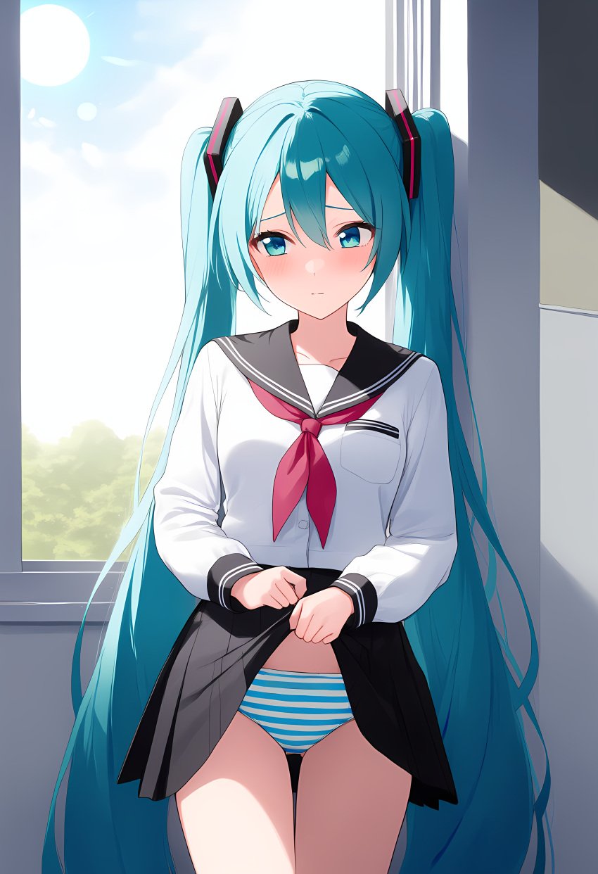 ai_generated aqua_eyes bangs black_sailor_collar black_skirt blush collarbone cowboy_shot eyebrows_visible_through_hair female hair_between_eyes hatsune_miku lifted_by_self long_hair long_sleeves looking_at_viewer miniskirt neckerchief panties pleated_skirt sailor_collar school_uniform serafuku shirt skirt skirt_lift solo standing striped striped_panties thigh_gap twintails underwear very_long_hair