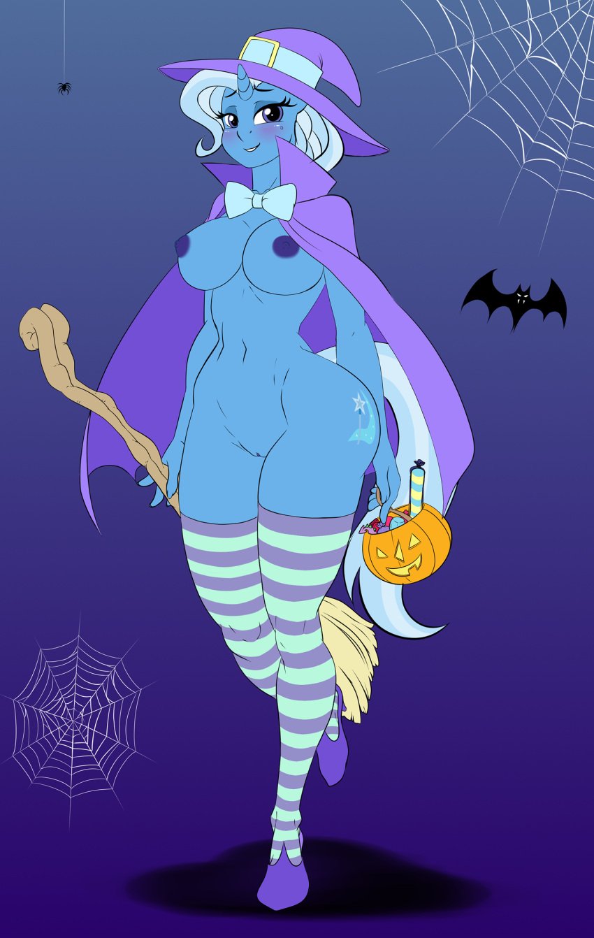 anthro anthrofied areola biped blue_hair blush breasts clothing equid equine eyelashes female friendship_is_magic genitals hair halloween hasbro hat headgear headwear hi_res holidays horn legwear mammal my_little_pony mythological_creature mythological_equine mythology nipples pia-sama pupils pussy simple_background smile spider_web thick_thighs thigh_highs trixie_(mlp) unicorn