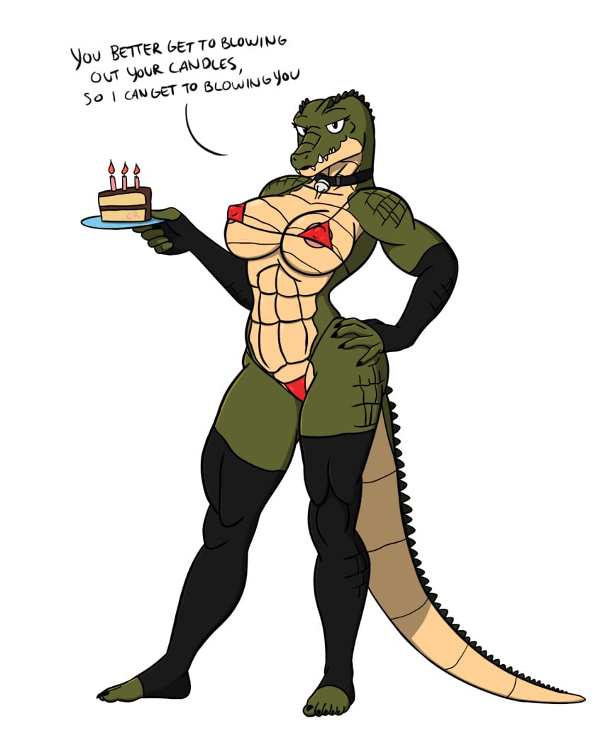 2020 5_fingers 5_toes alternate_costume alternate_version_at_source alternate_version_available anthro arm_warmers armwear bikini birthday_cake black_eyes breasts cake candle collar connivingrat crocodile crocodilian crocodylid dialogue english_text female fingers food front_view genitals green_body green_scales hand_on_hip hi_res holding_object leg_warmers legwear looking_at_viewer muscular muscular_female nipples non-mammal_breasts nude pussy reptile scales scalie simple_background solo standing text toes uncensored white_background