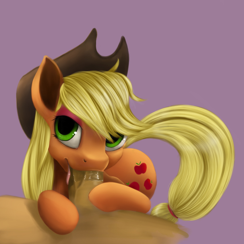 2013 applejack_(mlp) blonde_hair cowboy_hat cutie_mark equine eyeshadow female feral friendship_is_magic green_eyes hair hat horse makeup male my_little_pony oral oral_sex orange_fur penis plain_background pony pony-fuhrer purple_background sex