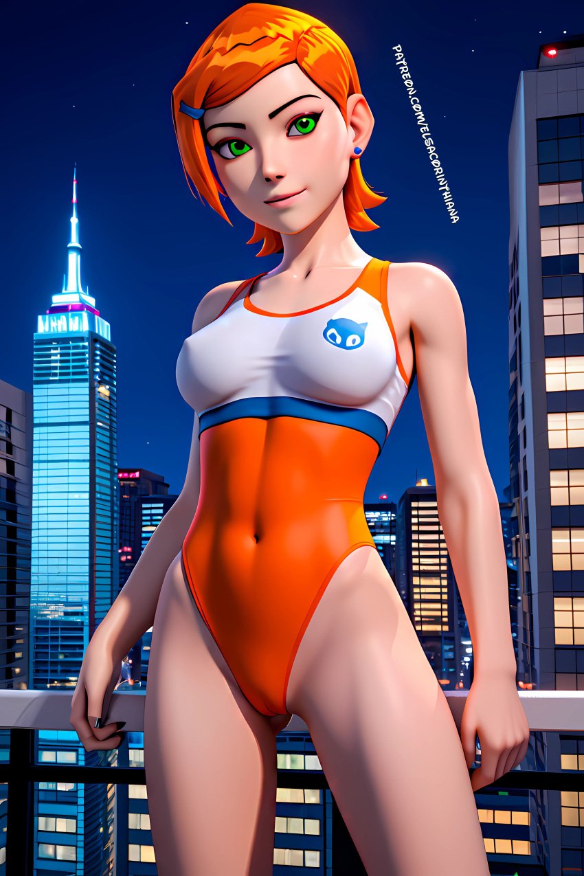 1girls 1woman 3d ai ai_art ai_generated ben_10 bikini breasts building building_background buildings cartoon_network crouched elsacorinthiana female female_only green_eyes gwen_tennyson medium_breasts navel new_york new_york_city night nipples on_top_of_building orange_hair patreon patreon_link patreon_url posing posing_for_the_viewer pussy realistic semi-naked semi-nude semi-nudity semi_naked semi_nude showing_breasts showing_pussy skinny swimwear thin_body white_skin