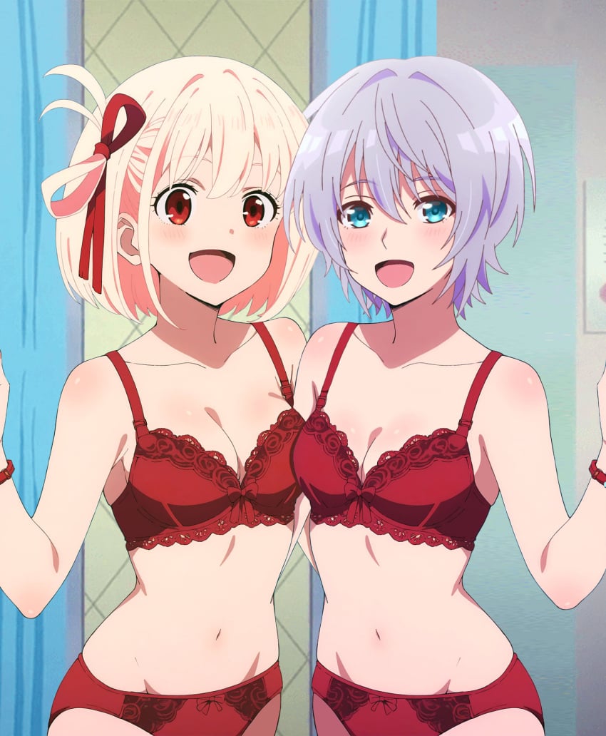 2girls blonde_hair cleavage kikuchi_fuuka lingerie looking_at_viewer medium_breasts nishikigi_chisato red_bra red_panties short_hair silver_hair standing