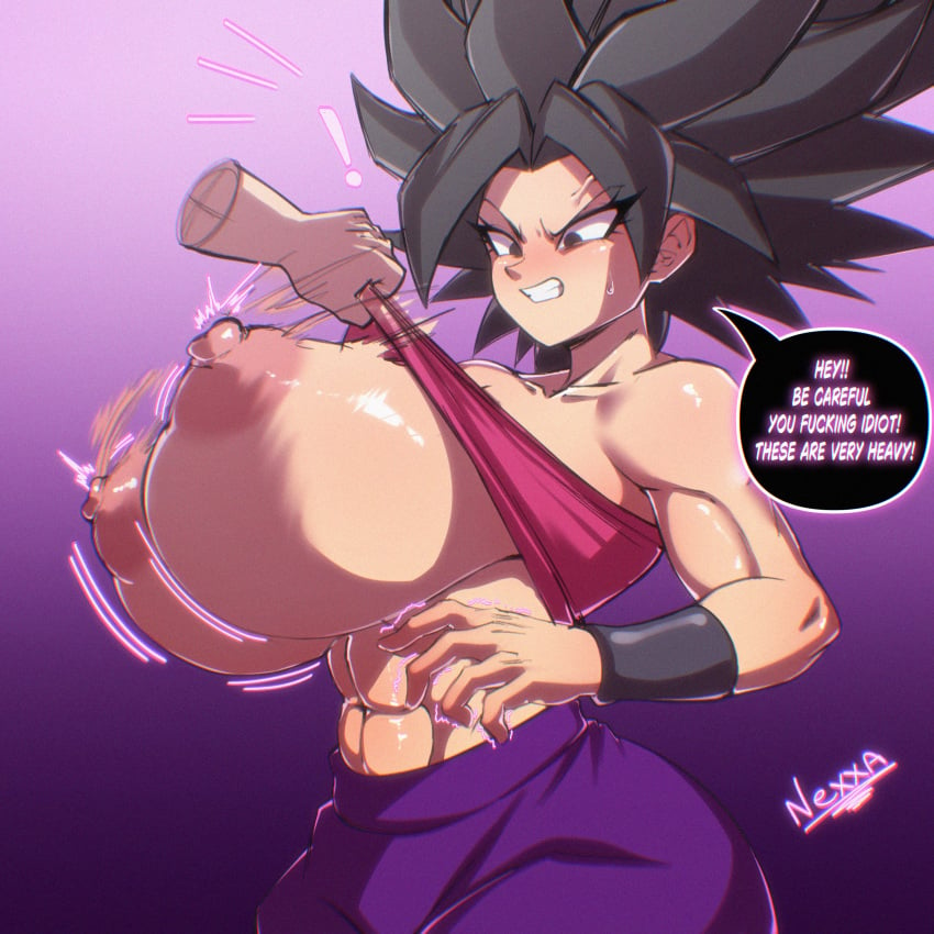 abs angry baggy_pants bandeau bandeau_lift bandeau_pull big_breasts bracers breasts_bigger_than_head caulifla clothes_lift coffeenexxa dialogue dialogue_bubble disembodied_hand dragon_ball dragon_ball_super dragon_ball_z from_side huge_areolae huge_breasts huge_nipples large_breasts lifted_top lifting_clothing lifting_top mad motion_blur motion_lines nexxa pants pink_nipples pink_tube_top purple_pants sideview text text_bubble thick_thighs tomboy toned tube_top tubetop wide_hips