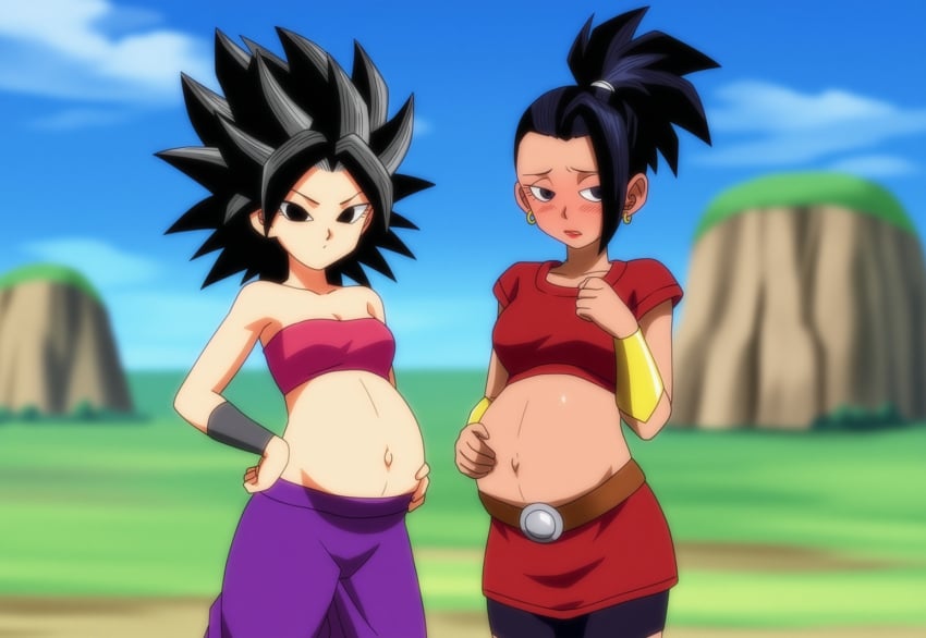 2girls after_sex ai_generated blk9201 caulifla dragon_ball dragon_ball_super exposed_belly exposed_midriff female fully_clothed kale multiple_girls multiple_pregnancies pregnant standing tagme