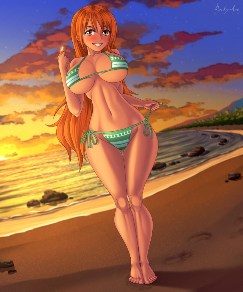 1girls barefoot beach big_breasts bikini bikini_bottom bikini_bottom_only bikini_only bikini_top bikini_top_only breasts clothing feet female female_only long_hair nami_(one_piece) one_piece orange_eyes orange_hair rocky-ace solo solo_female solo_only tagme