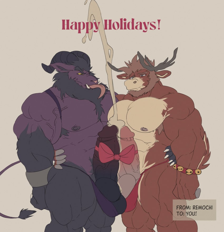 anthro antlers balls big_balls big_penis bodily_fluids body_hair bovid bow_ribbon caprine caprine_demon christmas clothing cuff_(restraint) cum deer demon duo ejaculation genital_fluids genitals gift_wrapped goat_demon hi_res holidays horn huge_cock krampus male male/male mammal muscular muscular_anthro muscular_male new_world_deer nipples penis reindeer remochi restraints shackles speedo swimwear tail tongue