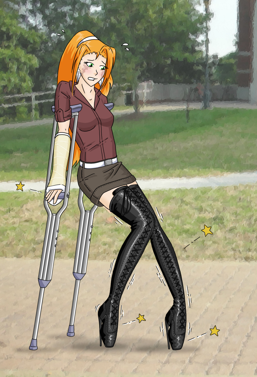 ballet_boots ballet_heels crutch crutches excilion female female_only fully_clothed high_heels outdoors skirt