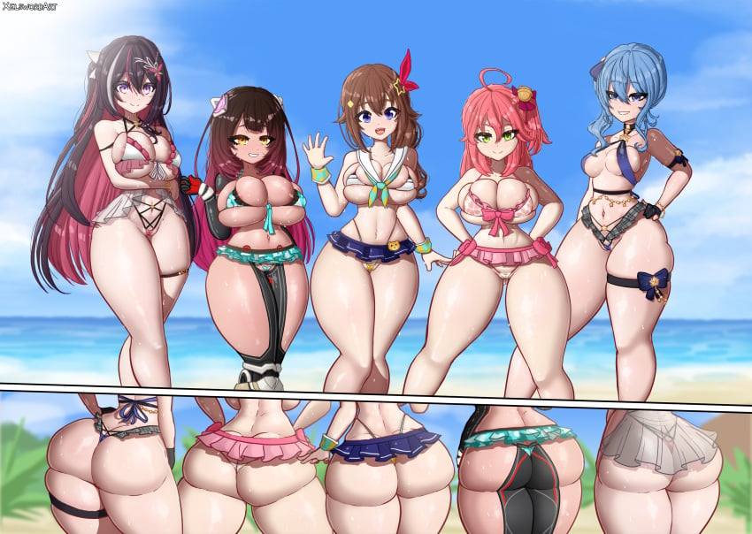 5girls ass azki_(hololive) beach big_ass big_breasts big_butt bikini bubble_butt cleavage curvaceous curvy curvy_ass curvy_body curvy_female curvy_figure curvy_hips curvy_thighs female female_only hololive hololive_gen_0 hololive_japan hoshimachi_suisei huge_ass huge_butt large_breasts multiple_girls ocean outdoors outside roboco-san sakura_miko sand sweat sweatdrop swimsuit swimwear thick_hips thick_thighs thigh_gap tokino_sora virtual_youtuber wide_hips xelsword