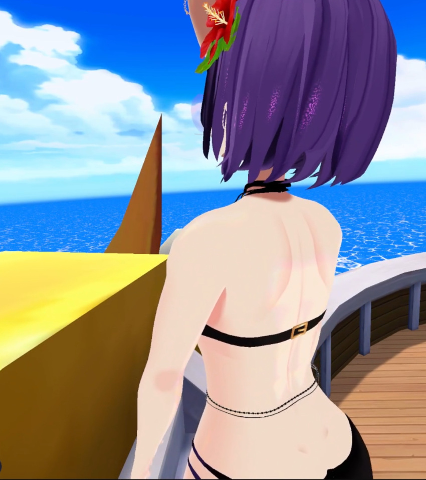 artist_request back_view bikini female female_only hannahhyrule one_piece pirate pirate_girl purple_hair screenshot ship short_hair thousand_sunny