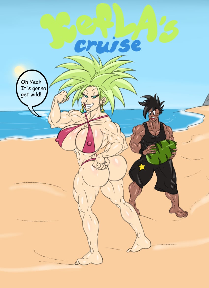 ass biceps big_ass big_breasts big_butt bikini bimbo black_hair breasts dark- dark-skinned_male dragon_ball dragon_ball_gt dragon_ball_super dragon_ball_z green_hair kefla legendary_super_saiyan majuub multiple_girls muscular muscular_male skinned_male sun1sol super_saiyan super_saiyan_2 uub