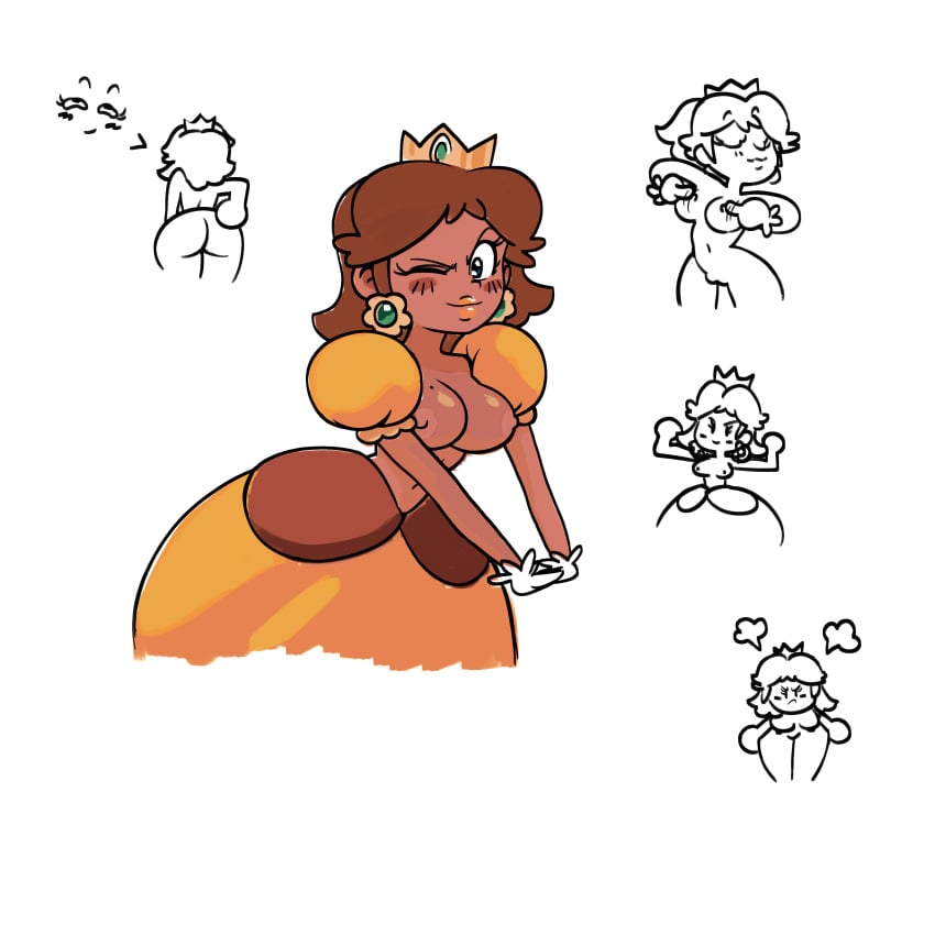 angry blackwashed blush brown_hair domnirch exposed_breasts mario_(series) nip_tease nipple_rub nipple_tweak pervert pose princess_daisy showing_ass smug touching_breast