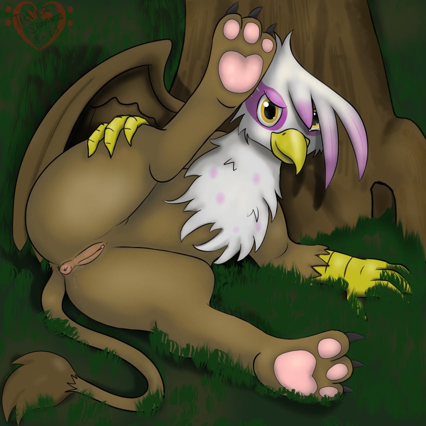 2013 anus avian beak female feral friendship_is_magic gilda_(mlp) grass gryphon hi_res high_resolution my_little_pony outside presenting pussy pussy_juice solo spreading trancesequence tree