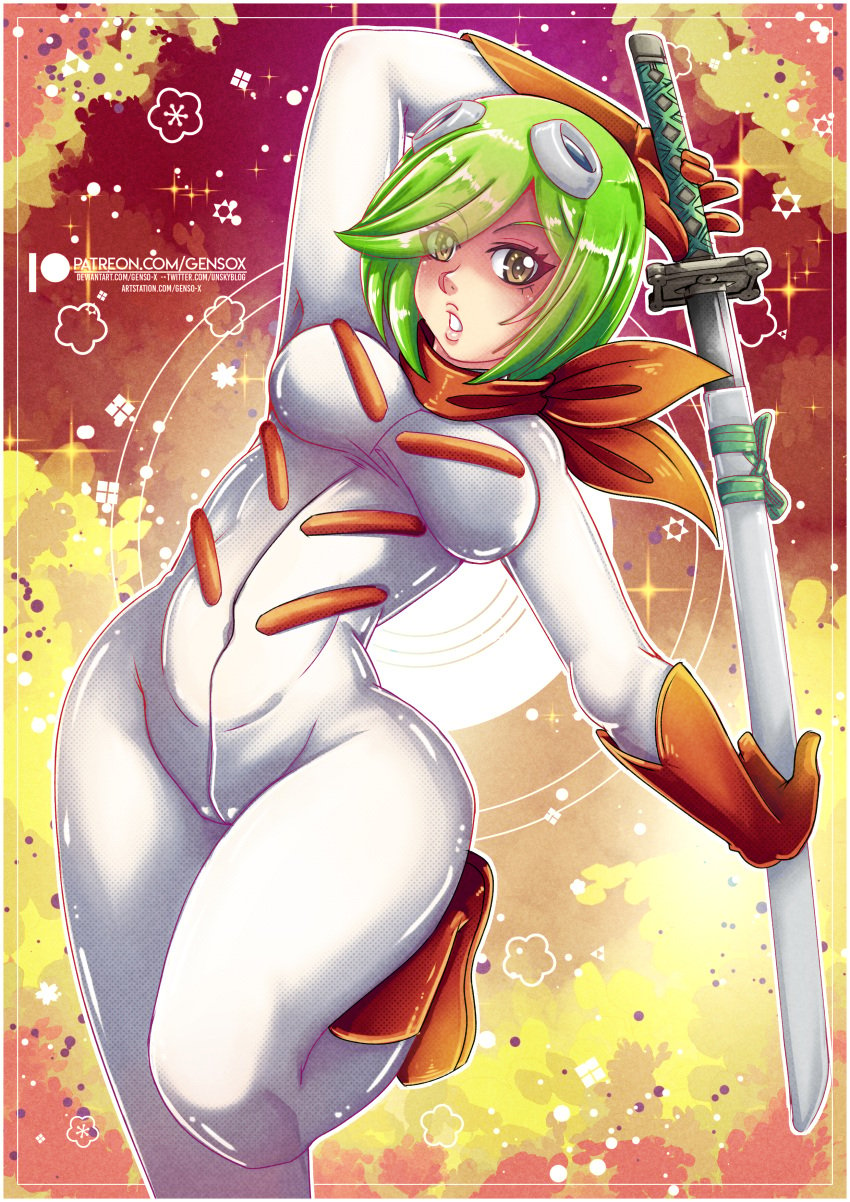 1girls bleach bodysuit female female_only gensox green_hair kuna_mashiro solo