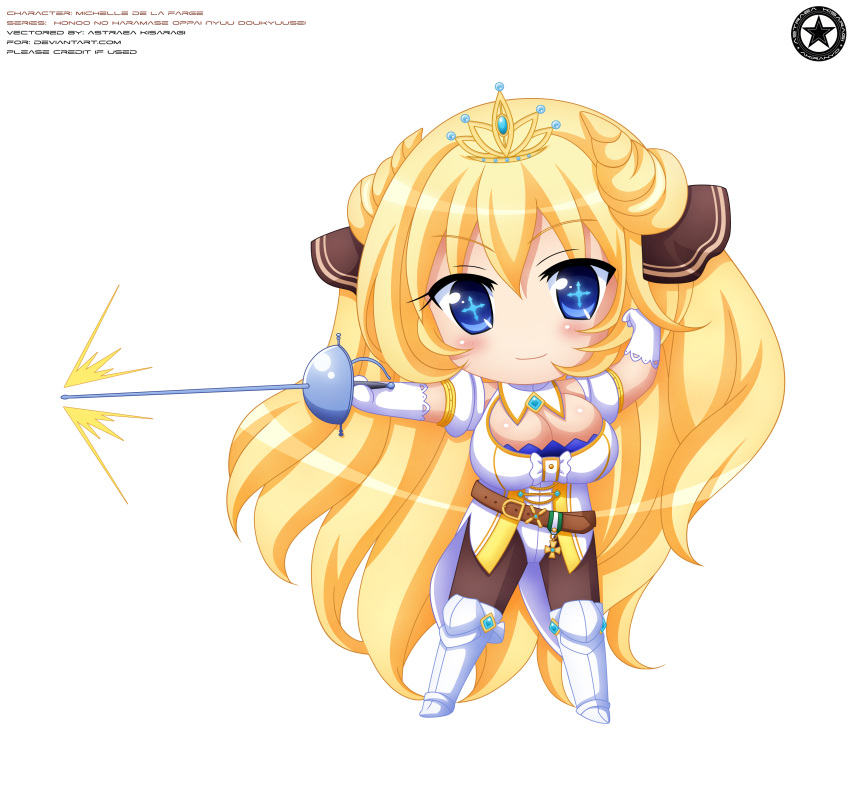 2015 absurd_res action_lines akiranyo arm_gloves armored_boots artist_logo artist_name blonde_hair_female blue_eyes bodysuit character_name chibi chibi_style cross_pupils english_text honoo_no_haramase_oppai_nyuu_doukyuusei leather_belt michelle_de_la_farge rapier shiny_skin text tiara transparent_background vector_trace very_long_hair white_boots white_gloves work_name