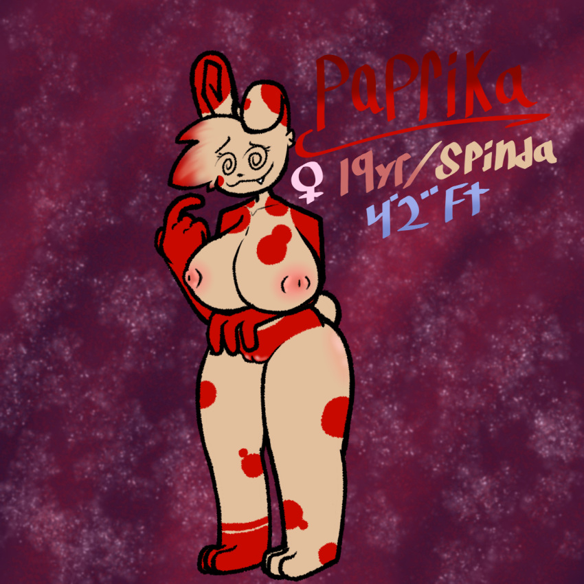 anthro big_breasts breasts brown_body character_name confusion female floppy_ears fur generation_3_pokemon genitals glistening glistening_body hi_res highlights_(coloring) markings model_sheet nintendo paprika_(poisonedcherry) poisonedcherry_(artist) pokemon pokemon_(species) pussy red_body red_fur redesign sharp_tooth short_girl short_stack simple_background simple_pose solo spinda spiral_eyes standing thick_thighs