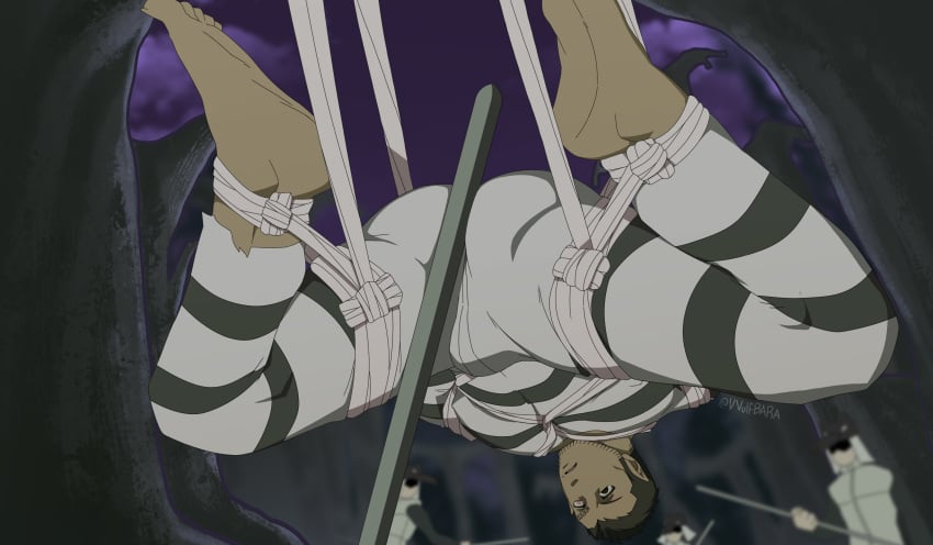 ass balls bara bondage bulge clothing facial_hair flaccid free_(soul_eater) fully_clothed male male_only muscles muscular penis pointy_ears soul_eater spread_legs vvulfbara werewolf wrappings