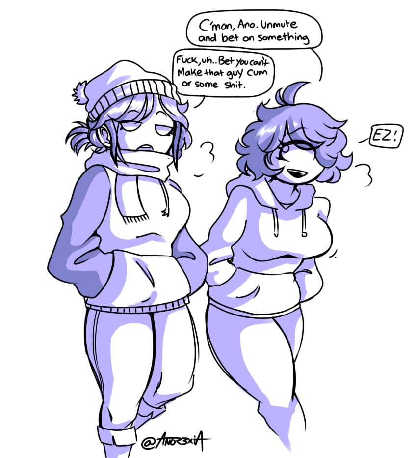 1_eye 2girls ano_(anor3xia) anor3xia beanie bog_(bogdraws) bogdraws dialogue huge_breasts rule_63 scarf sweater text text_bubble walking