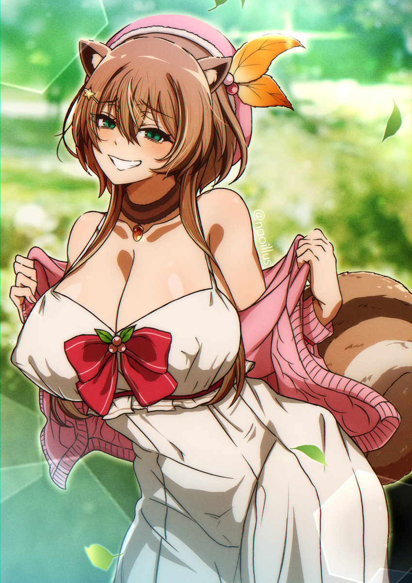 1girls animal_ears ayunda_risu big_breasts brown_hair cleavage female green_eyes grin hat hololive hololive_indonesia hololive_indonesia_area_15 huge_breasts looking_at_viewer naoillus nipple_bulge outdoors outside smile squirrel_ears squirrel_girl squirrel_tail tail thick_thighs virtual_youtuber wide_hips