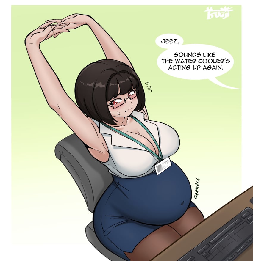 1girls big_belly big_breasts bloated_belly blush cleavage clothed clothing embarrassed female female_only glasses misunderstanding navel oc office_lady outie_navel pregnant red_eyes rumbling_stomach short_hair stretching tsukiji