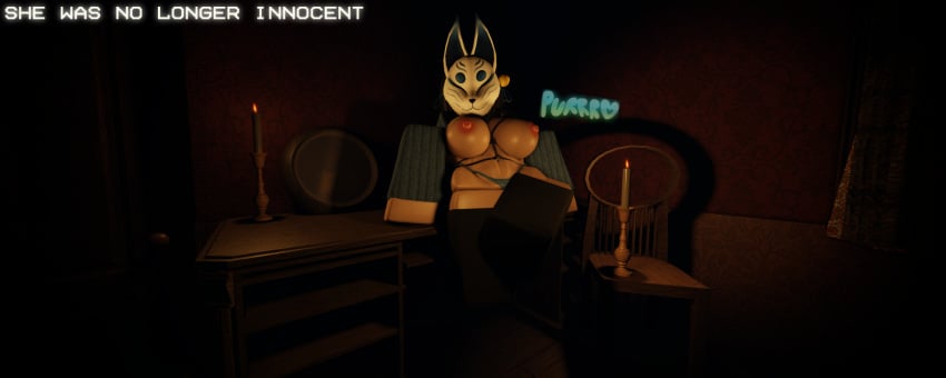 1girls 3d adult aged_up areolae black_hair breasts candle chair desk kitsune kitsune_mask masked masked_female mirumimi mya_hazarrow nipples partially_clothed photo_(object) roblox roblox_avatar roblox_myth robloxian self_upload solo solo_female solo_focus tagme text vignette