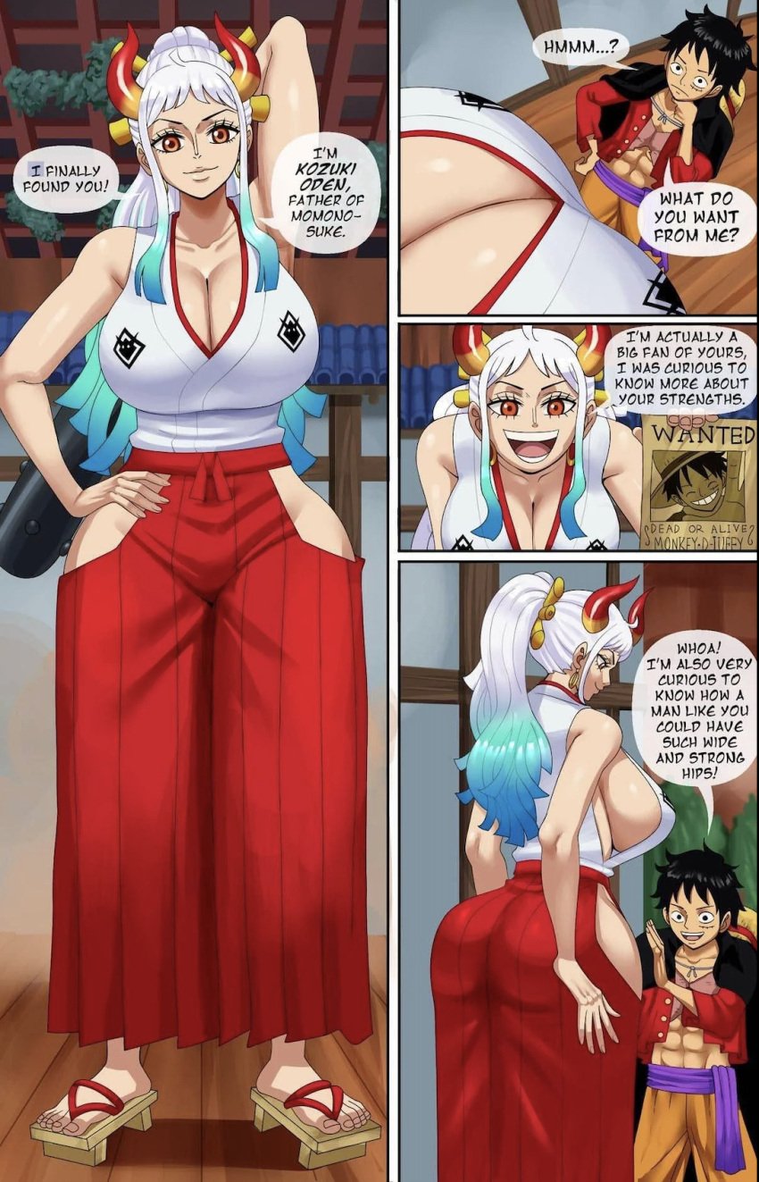 beast_pirates cleavage female giant_female large_breasts light-skinned_female light-skinned_male light_skin male monkey_d_luffy one_piece pinkpawg sideboob tagme text wano_country yamato_(one_piece)