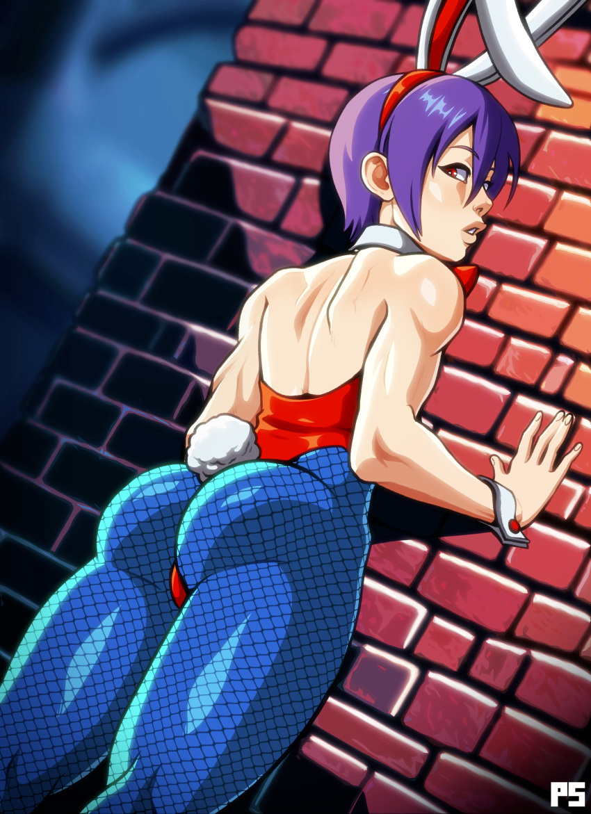 1girls absurd_res against_wall ass blue_pantyhose bunny_ears bunny_tail bunnysuit capcom darkstalkers detached_collar female female_only fishnet_pantyhose leotard lilith_aensland looking_back pantyhose pumpkinsinclair purple_hair red_eyes solo succubus wrist_cuffs