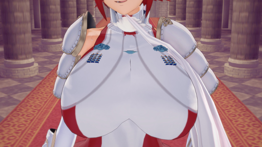 1girls 3d arisat ass bare_shoulders breast_focus breasts carpet dress elbow_gloves female female_only fire_emblem fire_emblem_fates gloves hinoka_(fire_emblem) hourglass_figure huge_breasts indoors large_ass nintendo open_mouth pillar red_hair scarf short_hair shoulder_pads shoulders smile solo sweat sweaty tomboy upper_body wide_hips