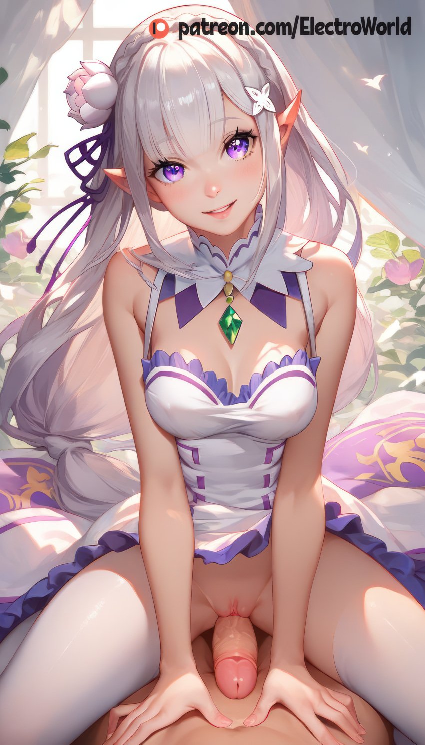 1boy ai_generated cum_in_mouth electroworld emilia_(re:zero) moaning nude pussy_juicecowgirl_position re:zero_kara_hajimeru_isekai_seikatsu riding_penis ridingvaginal_penetration shy1girl