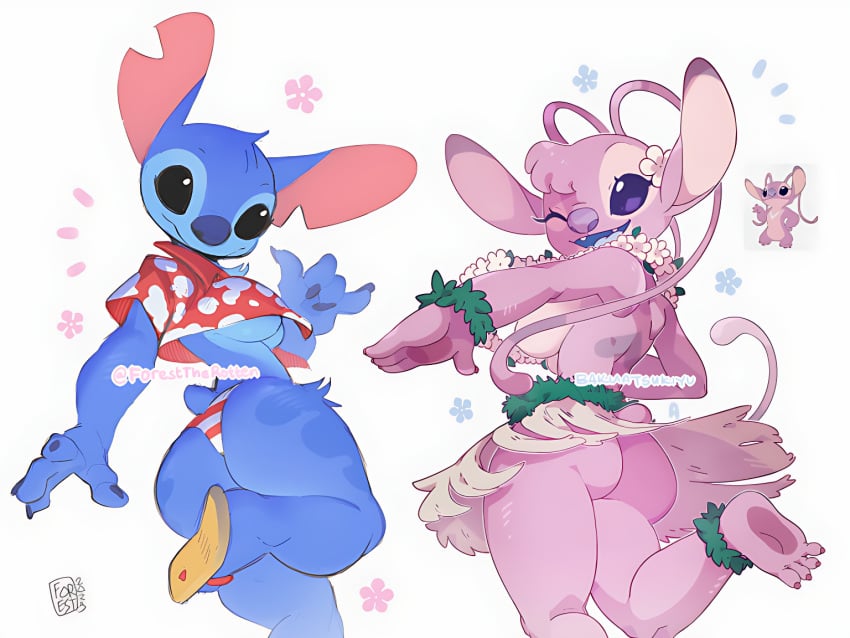 2023 2023s 2girls alien alien_girl angel_(lilo_&amp;_stitch) angel_(lilo_and_stitch) anthro anthrofied artist_name bakuatsukiyu black_eyes blue_body blue_fur breasts clothed clothing collaboration crossgender curvy disney experiment_(lilo_and_stitch) experiment_(species) female female_focus female_only flower flower_on_head foresttherotten foresttherotton genderswap genderswap_(mtf) hawaiian_shirt hula_dance hula_skirt humanization lilo_&amp;_stitch looking_at_viewer looking_back mtf_crossgender multiple_girls one_eye_closed pink_body pink_fur purple_eyes rule63 rule_63 sandals shirt small_tail stitch stitch! stitch_(lilo_&amp;_stitch) stitch_(lilo_and_stitch) stitch_(stitch!) tail wide_hips wink