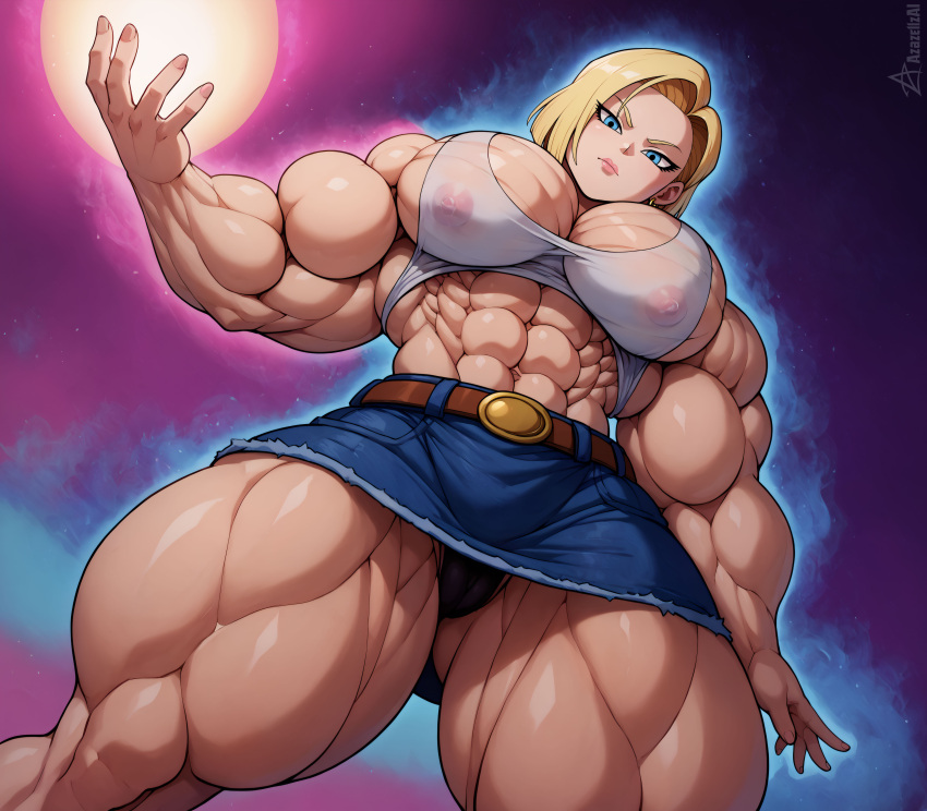 abs ai_generated android_18 azazellzai bare_shoulders belt biceps big_muscles blonde_hair blue_eyes covered_nipples dragon_ball dragon_ball_z energy_ball extreme_muscles female looking_at_viewer looking_down muscular muscular_female muscular_thighs pecs pectoral_cleavage pectorals skirt solo thick_thighs tight_clothing