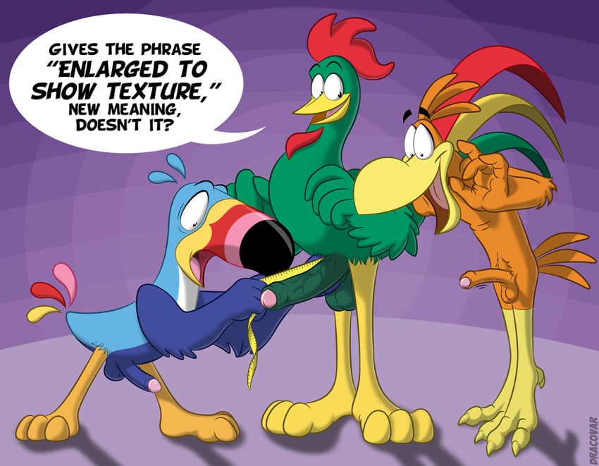 anthro avian balls beak big_penis bird chicken cocoa_puffs corn_flakes cornelius_(kellogg's) dialog dracovar_valeford english_text erection froot_loops furry gay male male_chicken mascot measuring no_humans penis shocked size_difference smile sonny standing surprised talons text toucan toucan_sam uncut vein