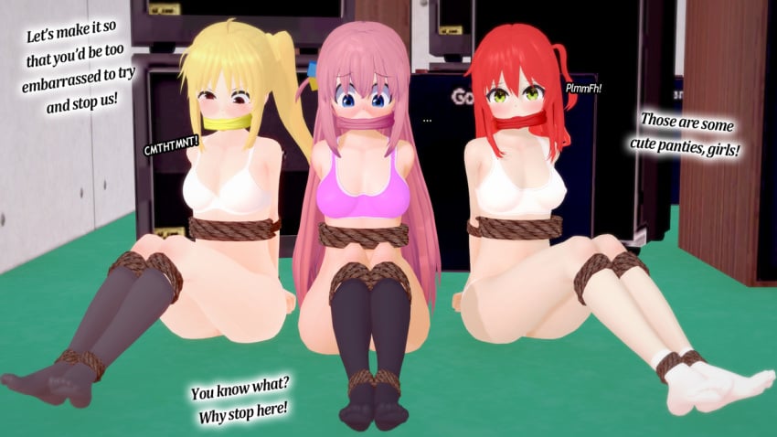 3d 3girls arms_behind_back blonde_hair blush bocchi_the_rock! bondage bound_ankles bound_legs bra_and_panties captured dialogue forced_undressing gag gagged gotou_hitori humiliation ijichi_nijika kidnapped kidnapping kita_ikuyo koikatsu moaning multiple_girls pink_bra pink_hair red_hair rope_bondage stockings stripped tied_up underwear undressed_by_others