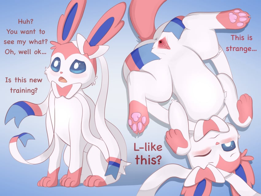 absurd_res eeveelution english_text female feral fur generation_6_pokemon genitals hi_res looking_at_another male male/female nintendo pawpads paws pokemon pokemon_(species) pussy simple_background solo soul_healer spread_pussy spreading sylveon tail text white_body white_fur