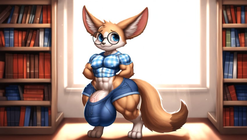 abs ai_generated anthro anthro_only big_eyes blue_eyes blush blush_lines bookworm checkered_shirt cub cute denim_shorts digitigrade femboy feminine feminine_male fennec_fox furry hands_behind_back hyper hyper_balls hyper_penis indoors library looking_at_viewer male_only muscular muscular_male muscular_thighs nai_diffusion nerd pecs pectoral_bulge round_glasses shy small_but_hung small_but_hyper solo standing t-shirt thick_thighs tight_clothing wide_hips young