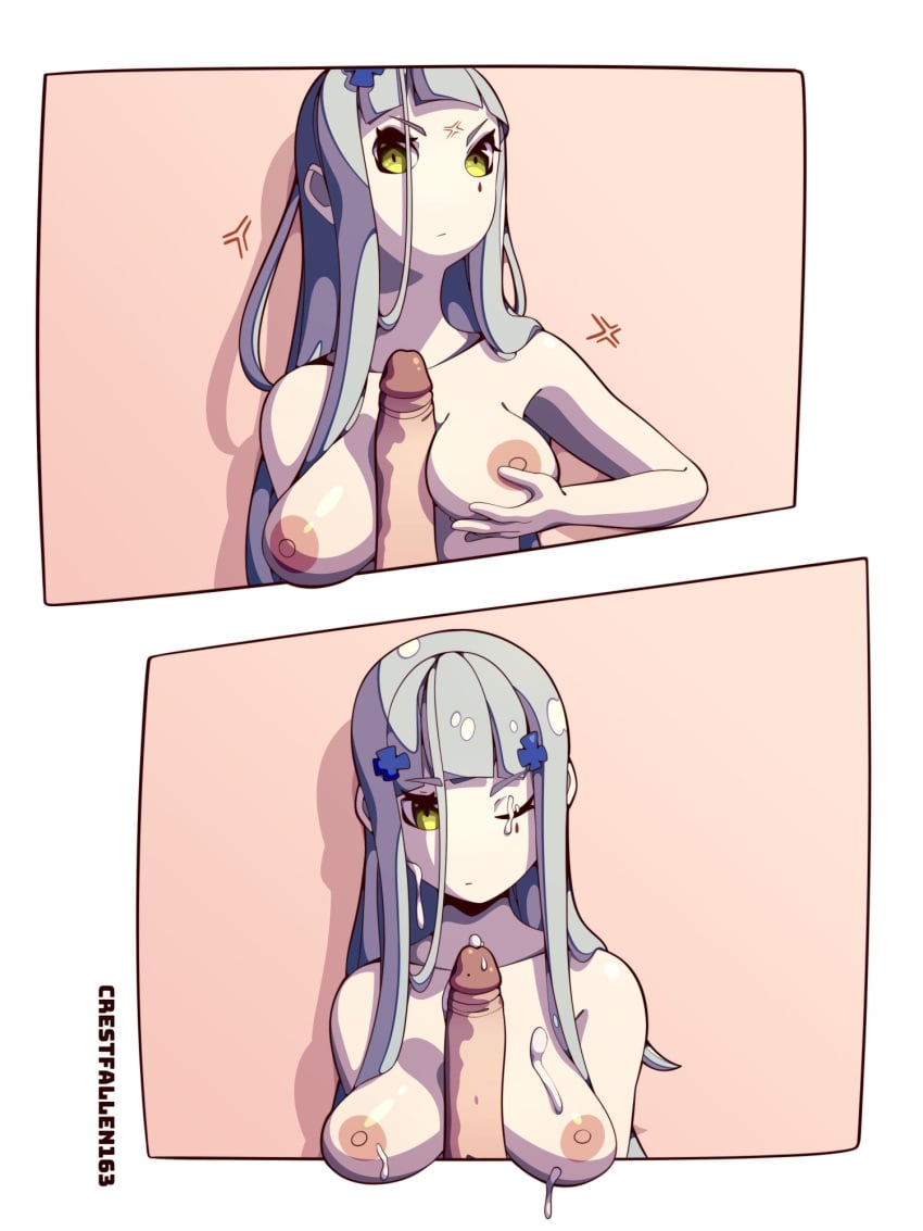 crestfallen163 cum cum_on_breasts cum_on_eye cum_on_face girls'_frontline green_eyes hair_ornament hk416_(girls'_frontline) light_grey_hair one_eye_closed paizuri penis tagme two_panel_image