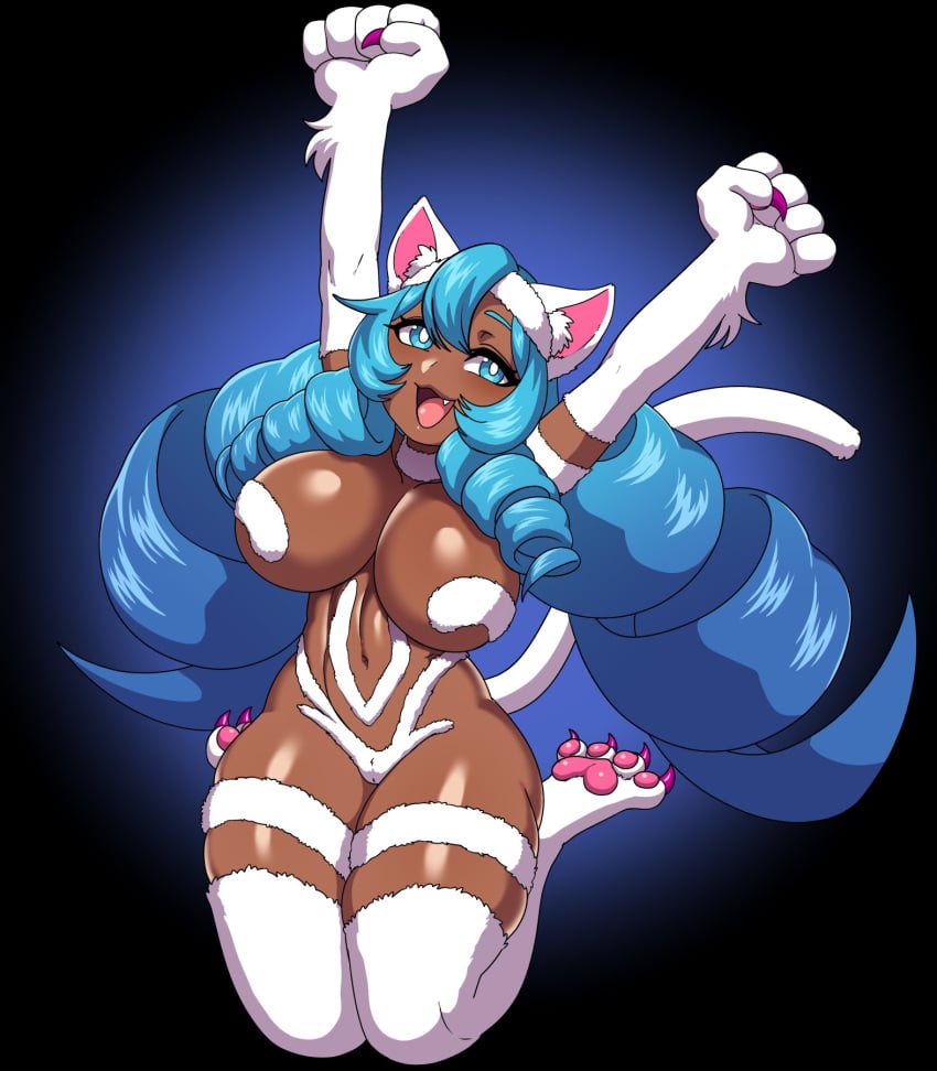 1girls 2021 arms_up big_breasts blue_eyes blue_hair capcom cat_ears cat_tail catgirl commission cosplay dark-skinned_female dark_skin darkstalkers dheartdoodles drill_hair dynamo-x felicia_(cosplay) felicia_(darkstalkers)_(cosplay) female female_only hi_res kneeling long_hair looking_at_viewer maria_(daringchido) pawpads sharp_fingernails sharp_toenails smiling smiling_at_viewer solo tail thick_thighs