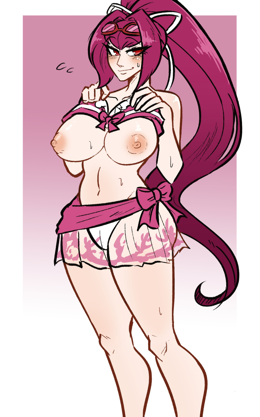 1girls areola areolae blush breasts commission commissioner_upload deepbeef flashing flashing_breasts large_breasts lifting_clothing nipples official_alternate_costume pinup purple_hair red_eyes scruffyturtles solo solo_female swimsuit thick_thighs under_night_in-birth yuzuriha_(under_night_in-birth)