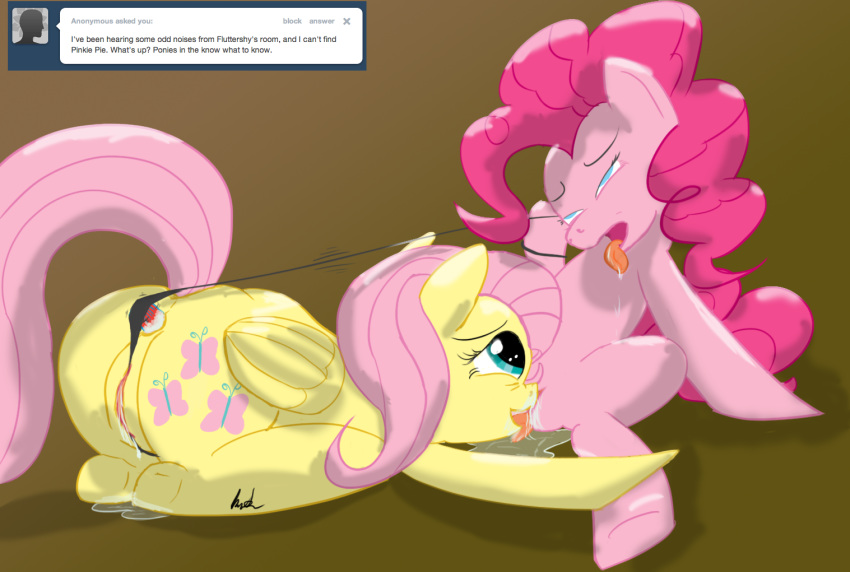 2012 anal anal_insertion anal_sex blue_eyes cunnilingus cutie_mark duo english_text equine female feral fluttershy_(mlp) friendship_is_magic green_eyes hair horse insertion kitsuneymg my_little_pony oral oral_sex pegasus penetration pink_fur pink_hair pinkie_pie_(mlp) pony pussy_floss pussy_juice sex sex_toy text tumblr vaginal_penetration vibrator wings yellow_fur yuri